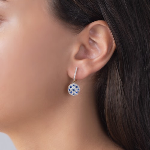 Kolczyki Savicki: dwukolorowe złoto, niebieskie szafiry, diamenty